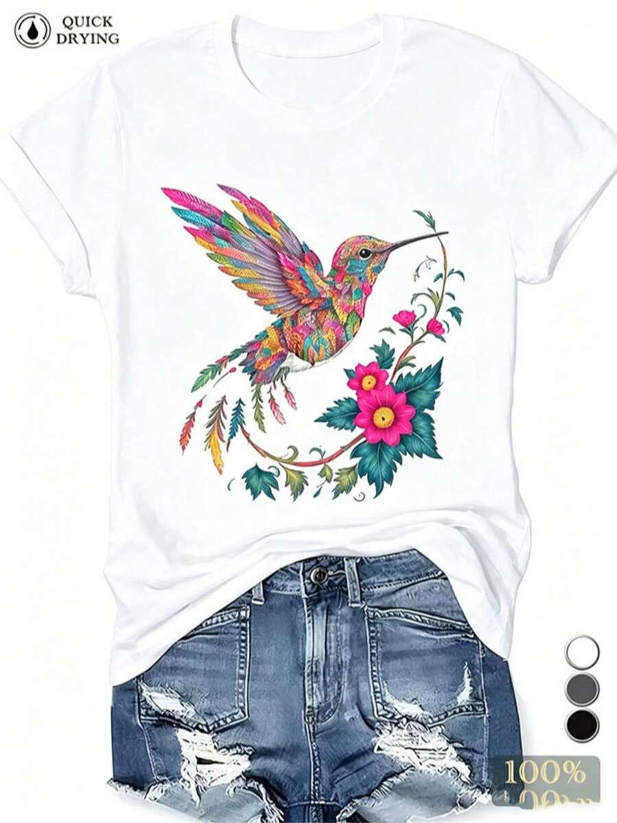 Women's Casual Cotton Round Neck Short Sleeve T-Shirt With Vibrant Hummingbird Floral Print, Regular Fit Regular Length Top - 白色 - 查看 1