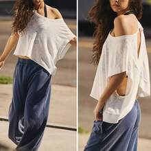 Women's Y2K Open Back Slouchy Cropped Summer Top- Casual Short Sleeve Yoga Shirt - White - View 2