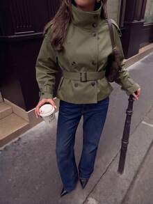 女款素色前扣口袋腰帶式風衣外套，優雅通勤街頭風，秋冬新款 - 軍綠色 - 查看 5