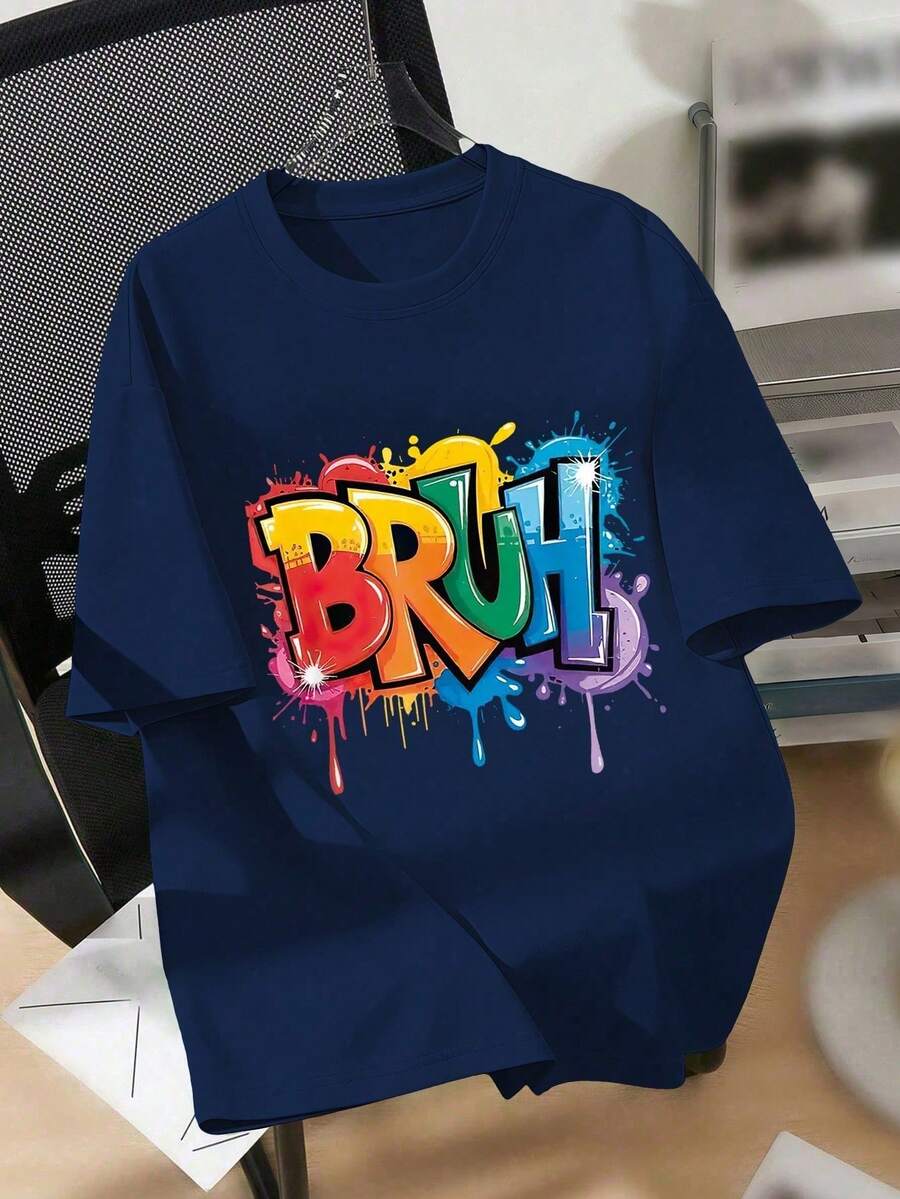 Camiseta de cuello redondo con estampado de letras coloridas para adolescentes, top casual suave de verano - Verde militar - Ver 1
