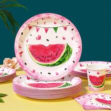 100/25/10pcs Pink Heart Melon Pattern Disposable Plates, Napkins, Cups, Disposable Party Supplies Set, Suitable For 25 Guests, Disposable Paper Plates Party Tableware Suitable For Birthday, Wedding, Theme Party, Family Picnic - Style 1 - View 3