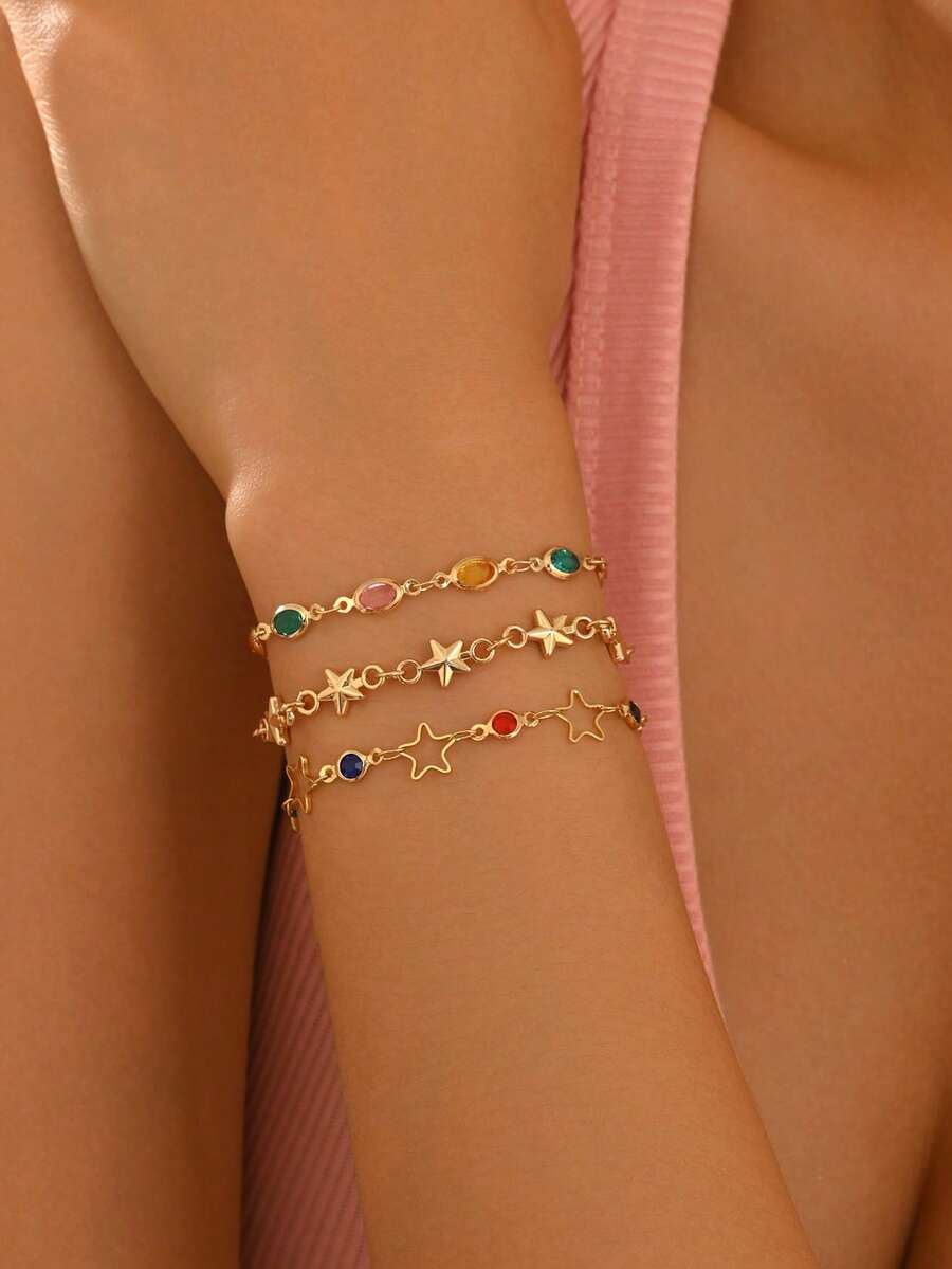 3pcs/Set French Luxury Style Colorful Rhinestone Star Layered Bracelet Set, Fashionable Oval Colorful Rhinestone Hollow Five-Pointed Star Decor Gold Women's Hand Accessory, Suitable For Daily Wear, Summer Vacation, Date, Party, Music Festival, Handmade Chain Cut By Length, Colorful Rhinestone Color Is Random - Multicolor - View 1