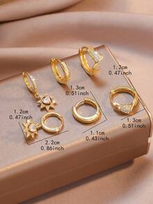 6pcs/Set Zirconia Stud Earrings Set, Polished Teardrop + Five-Pointed Star + Twisted Earring Decor, Shiny Glossy Versatile Women's Earrings, JENNIE Style Earrings, Fashion Women's Daily, Work, Shopping Essential - Gold - View 4