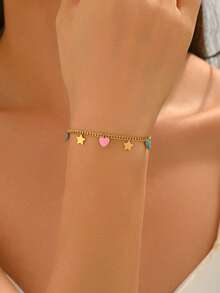 1pc Versatile Niche Heart & Star Cuban Bracelet, Stainless Steel, Fashion Minimalist Premium Feel, Adjustable Hypoallergenic Jewelry, Suitable For Daily Casual, Commuting, Beach Vacation, Dating, Perfect Thoughtful Gift For Yourself Or Best Friend, Ideal For Birthday, Christmas, Valentine's Day, Anniversary And Other Special Occasions - Bracelet - View 7