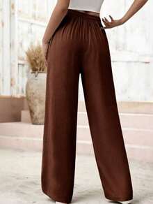 Women's Linen Palazzo Pants, Adjustable Waist With Drawstring, Side Pockets, Casual And Breathable For Vacations - 棕色 - 查看 3