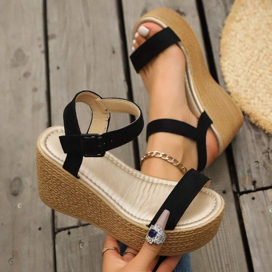 1 Pair Women's Summer Outdoor Thick Sole Wedge Sandals, Elastic Strap + Open Toe Design, Faux Suede Soft Material, Non-Slip Wear-Resistant Platform Sole, Open Toe High-Top Cross Strap Style, Ultra-High Wedge Vacation Style, Versatile Women's Sandals For Daily Commute, Beach Vacation, Shopping, Outings, Music Festival Outfits - Black - View 1