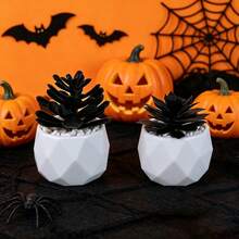 1/2pcs Halloween Miniature Potted Plants - Black Succulent Bonsai & Faux Plastic Succulent Planters (Home Decor Series) - Holiday Decorations - Black - View 4