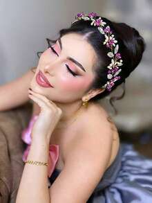 1pc Exquisite Women's Headband, Rose Red/Silver/Blue Artificial Crystal Rhinestone Beaded Hairband, Bridal Headpiece, Wedding Banquet Date Party Outing Hair Accessory, Summer - Multicolor - View 2