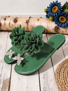 1 Pair Women Green Bohemian Open Toe Flat Slide Sandals 3D Flower Rhinestone Butterfly Slip On Summer New Design - Green - View 7