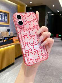1pc Pink Transparent TPU Red Hand-Drawn Bow Pattern Four-Corner Anti-Drop Integrated Card Holder Phone Case, Simple Fashion Versatile Creative Personalized, Full Coverage Protection Dustproof Waterproof Soft Shell Suitable For Versatile Phone Case/Card Holder Phone Case/Interesting Phone Case - Multicolor - View 2