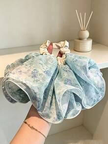 1pc Fairy Style Floral Mesh Scrunchie, Soft Breathable Large Fabric Hair Tie, Ideal Mother's Day Graduation Gift Ponytail Elastics Rubber Bands - Dusty Blue - View 4