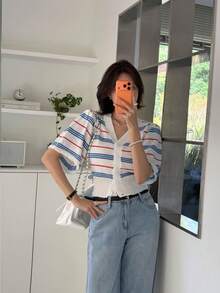 Áo cardigan ngắn tay phối màu khối sọc kẻ casual mùa xuân/hè màu trắng - trắng - Xem 3