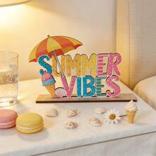2D平面裝飾，可選1件「SUMMER VIBES」裝飾或1件「HELLO SUMMER」裝飾，熱帶海灘風木製裝飾，適合派對裝飾與日常擺飾，適用於客廳咖啡桌、臥室窗台、餐桌 - B - 查看 4