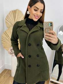 Women's Long-Sleeved Woolen Jacket/Coat For Winter, Fashion Blogger, Buttons, Overcoat - Army Green - View 1