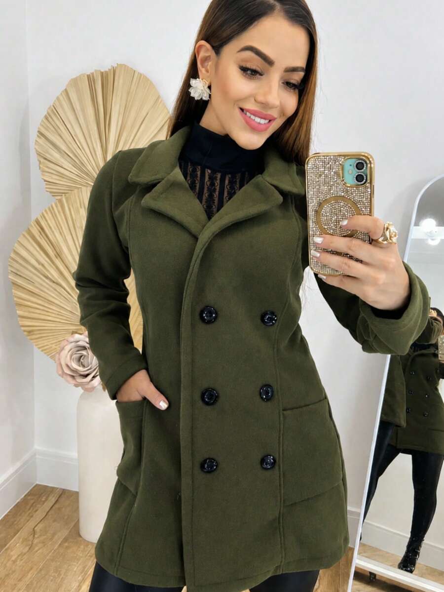 Women's Long-Sleeved Woolen Jacket/Coat For Winter, Fashion Blogger, Buttons, Overcoat - Army Green - View 1
