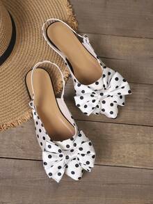 Women's Black Polka Dot Satin Open-Back Sandals With Bow Decoration, Elegant Pointed Toe Stiletto Heels Summer Evening Shoes - White - View 6