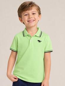 Young Boy Striped Print Contrast Trim Short Sleeve Polo Shirt - Green - View 3