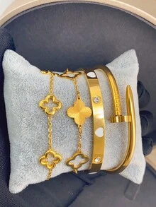 4件/1件裝 奢華不鏽鋼鑲鑽四葉草與星星手鍊套組，復古優雅女款飾品，適合日常配戴、禮物、派對、時尚聖誕禮物 - 金色 - 查看 8