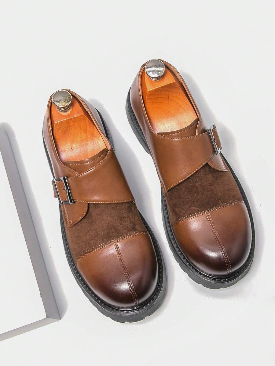 Sapatos Monk Masculinos com Sola Grossa, Fivela Única & Sola Tratorada, Sapatos Slip-On Estilo Trabalho Britânico Vintage para Uso Diário & Casual - Castanho - Visão 1