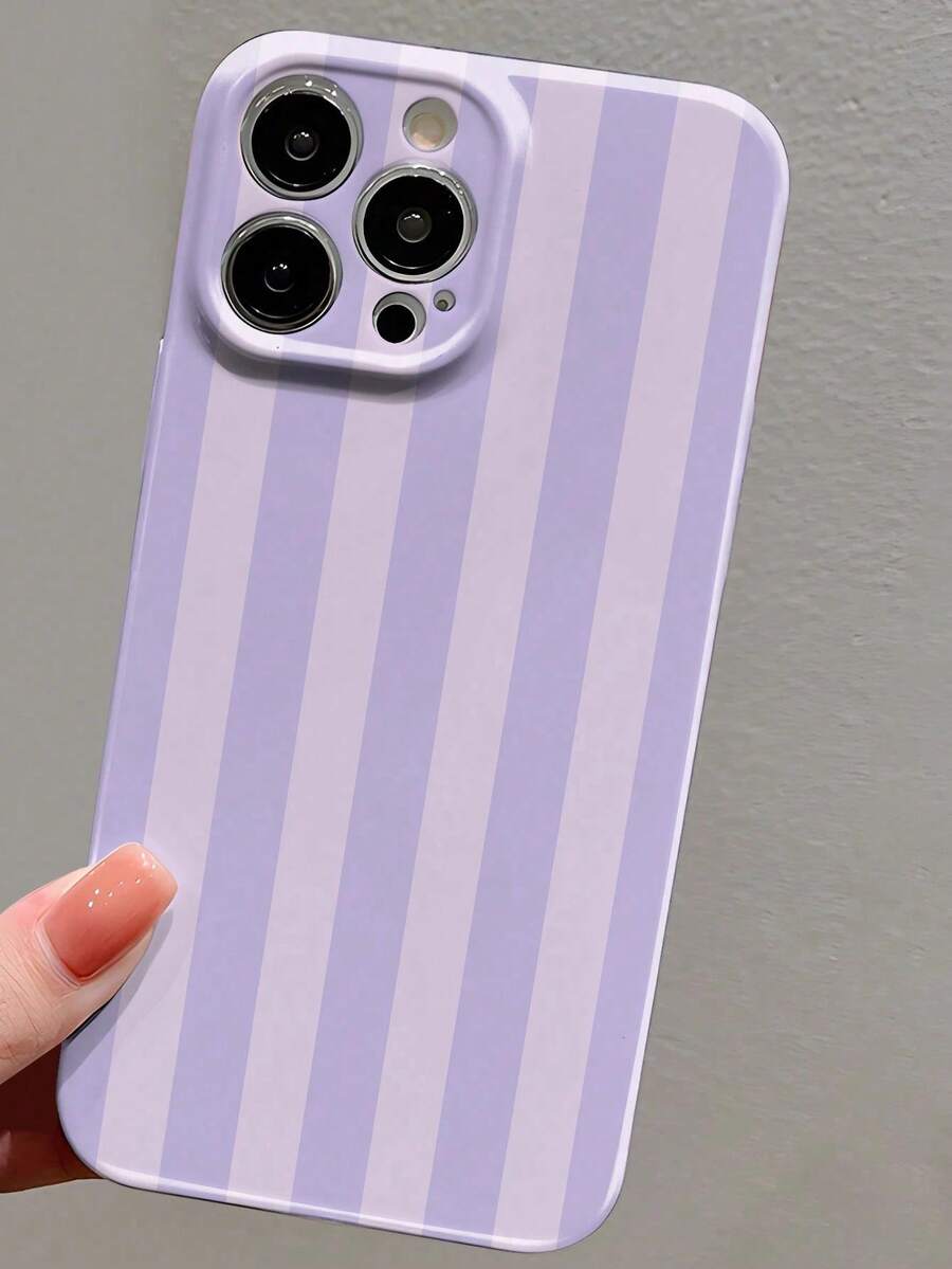 1pc Simple Girly Style Striped Pattern Perforated Glossy Film Case Full Coverage Hard Phone Case Compatible With IPhone 11/12/13/14/15/16 Pro Max - Multicolor - View 1