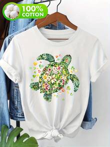 Camiseta estilo Y2K para mujer, de algodón puro, para vacaciones de verano, 100% algodón, con estampado floral de tortuga, hermosa camiseta de manga corta con estampado de corazón oceánico, - Blanco - Ver 1