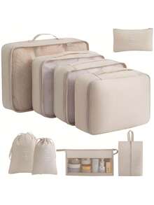 9Pcs Portable Travel Storage Bag Set, Travel Packing Cubes, Clothes Storage Bag, Travel Organizer For Vacation Holiday Back To School School Stuff - 米色 - 查看 1