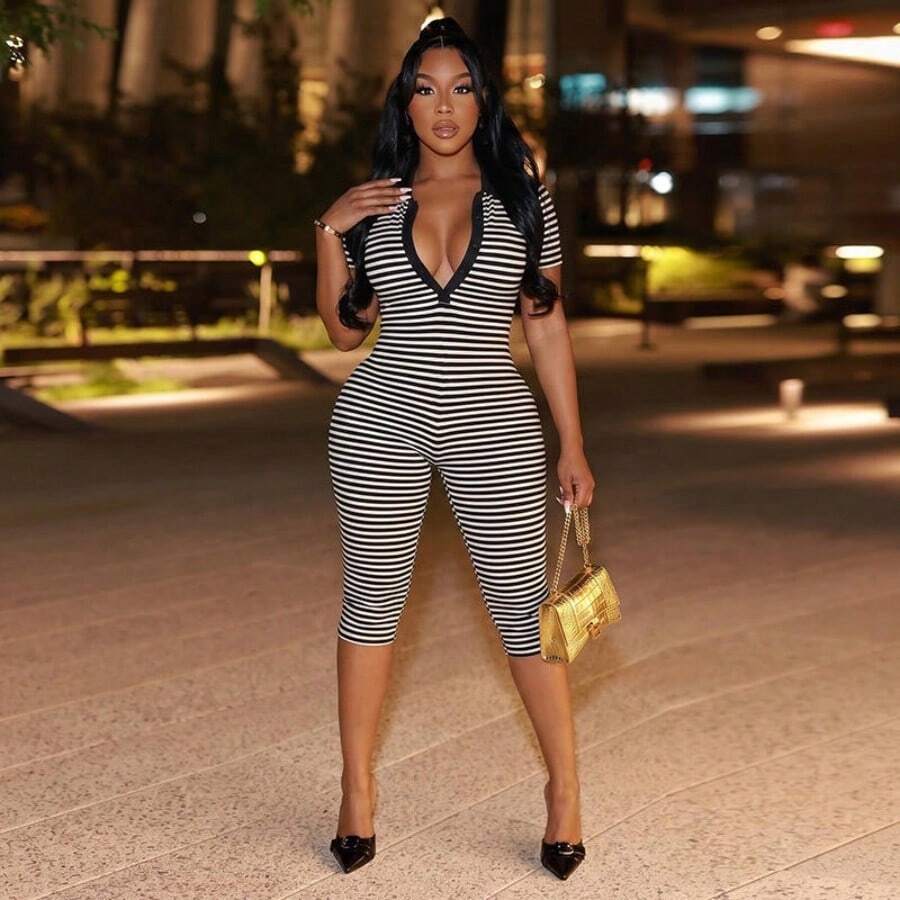 Red Striped Lapel Short Sleeve Skinny Jumpsuit For Work Tight-Fitted 7/8 Length Romper, A Hot-Girl Essential Rompers Rompers For Women Summer - Black - View 1