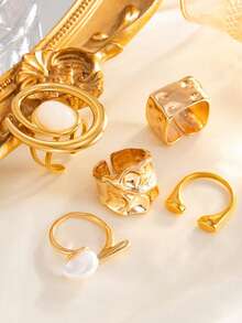 5pcs Punk Style Ring Set, Women's Vintage Geometric Ring Set, Fashion Personalized Jewelry Gift, Suitable For Daily Wear And Party Accessories - Gold - View 5