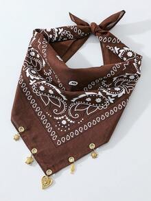 1pc Summer Women's Fashion Paisley Print Pattern Headscarf Square Scarf, With Sun Tropical Fish Sea Turtle Heart Pendant Decoration, Suitable For Beach Seaside Daily Versatile - Brown - View 3