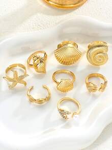 8pcs Exaggerated Wide Metal Open Ring Set, Faux Shell, Starfish, Conch, Fish Tail, Rhinestone, Thick Smooth Asymmetrical Geometric Multi-Layered Rings For Women, Date, Banquet, Beach, Vacation, Party, Music Festival Accessories - Golden Yellow 2 - View 3