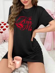 Women's Soft Short Sleeve Nightgown - Lip Pattern, Women's Nightgown - Black - View 6