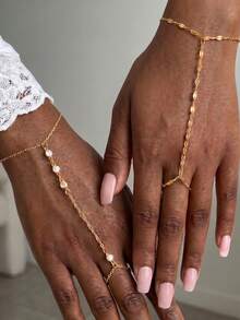 Bộ 2 món vòng tay ngón tay dây xích đính đá Cubic Zirconia màu vàng, trang sức nhẫn vòng thời trang, phù hợp làm quà tặng, tiệc tùng, đám cưới - Màu vàng - Xem 3