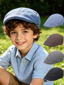 Teen Kids Solid Linen Flat Cap, 9-16Y Boys Autumn-Winter Retro College Style Cap, Casual Outdoor Driving Beret Hat For Boys Girls Daily Wear - Multicolor - View 2