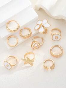 10pcs Exaggerated Wide Metal Open Ring Set, Faux Shell Starfish Conch Fish Tail Flower White Drip Rhinestone Thick Smooth Asymmetrical Geometric Multi-Layered Rings For Women, Date, Banquet, Beach, Vacation, Party, Music Festival Accessories - Golden Yellow 3 - View 5