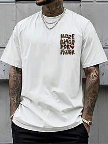 Camiseta de hombre, estampado de leopardo con la frase More Amor Por Favor impresa en la parte delantera, de manga corta, moderna y a la moda, adecuada para uso diario casual y actividades - Blanco - Ver 3