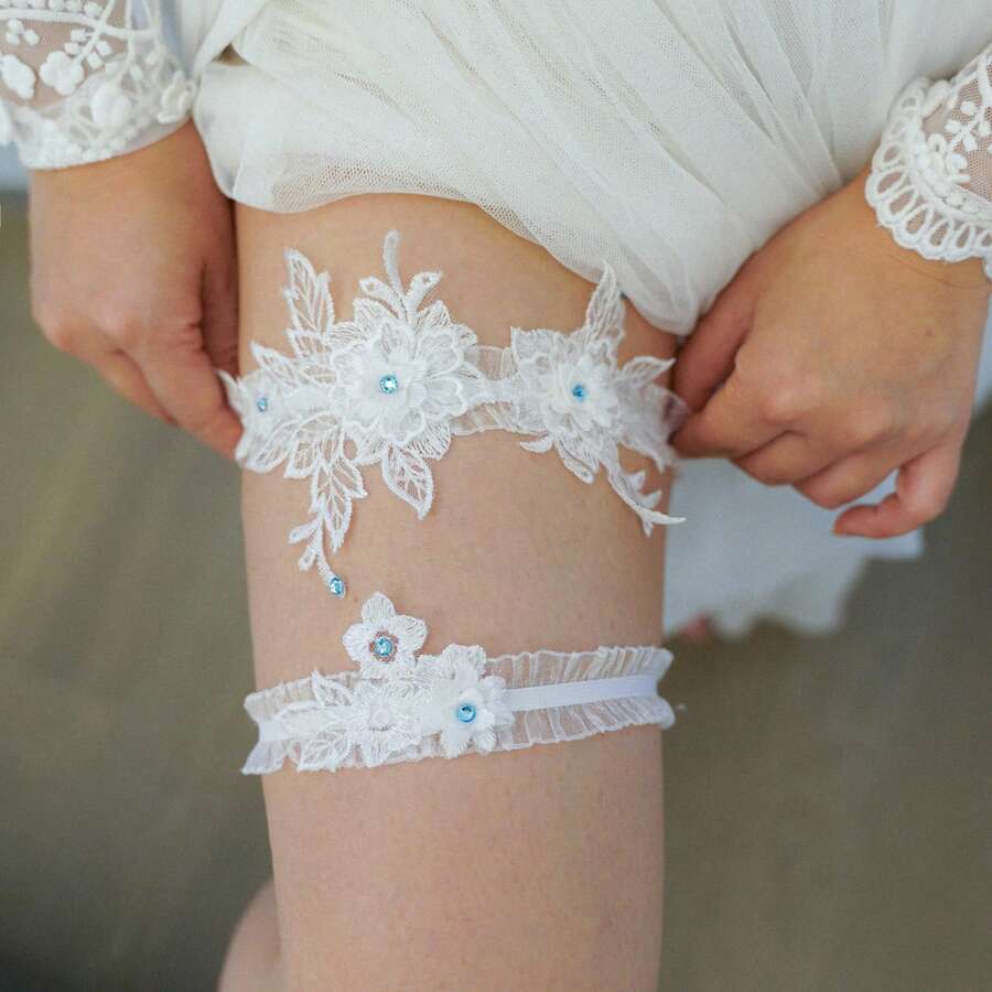 EVERDINAH 2件組花卉蕾絲新娘吊襪帶套組,優雅婚禮吊襪帶,彈性大腿帶,Something Blue 新娘配件,婚禮派對禮物 - 白色 - 查看 1