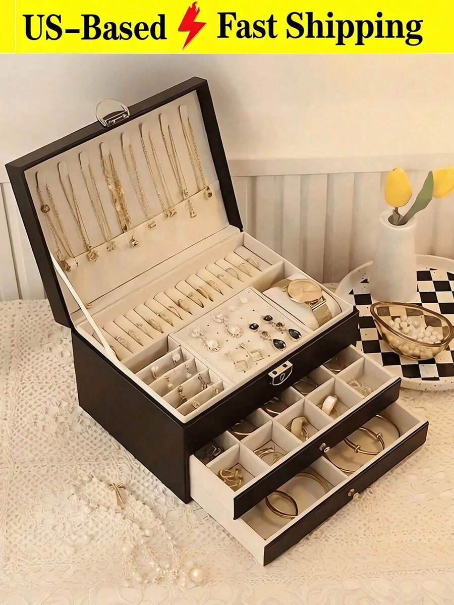1pc Large-Capacity Three-Layer Jewelry Box,Pu Leather Multi-Functional Jewelry Box,Watch Box With Lock,Large Capacity Jewelry Storage Box,For Earrings,Rings,Watches,Bracelets And Other Accessories,Organizing And Storing,Festival Gift Delicate Friends - Black - View 1