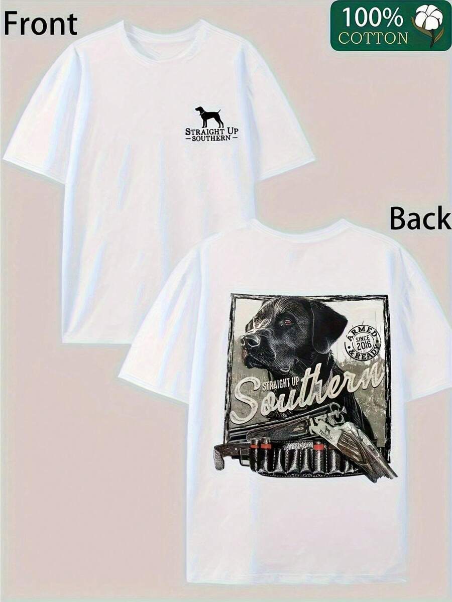 Unisex 100% Cotton T-Shirt With A Southern Hunting And Dog Print - Double-Sided Print Featuring Shotgun Shells, Bullet Casings, And Southern Sayings. Breathable Casual T-Shirt - 白色 - 查看 1