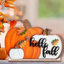 1件 3D Hello Fall 南瓜木製桌面裝飾品 - 鄉村風收穫桌卡，適合農舍風感恩節廚房或派對展示，感恩節中心裝飾 | 季節性裝飾 | 自然美學，居家秋季裝飾 - 多色 - 查看 2