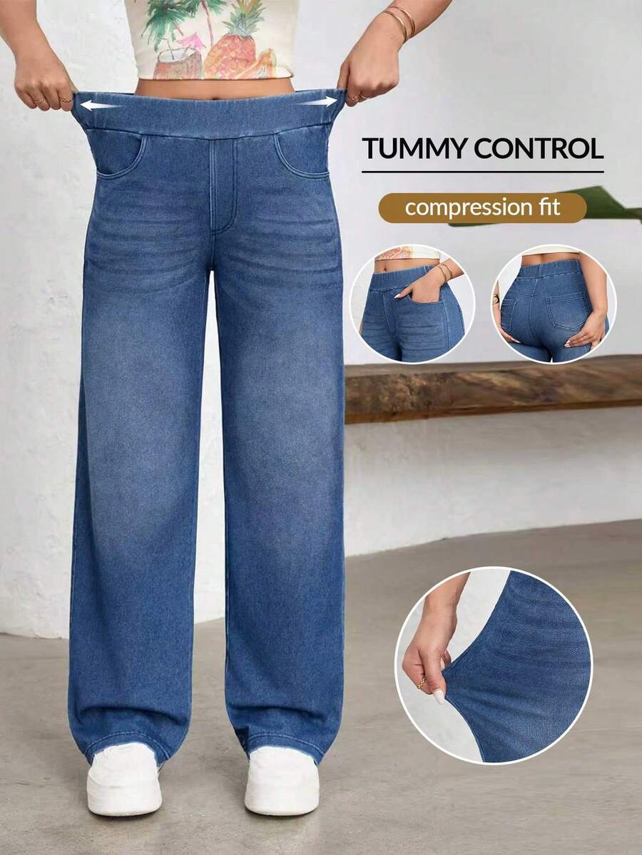 Women's Wide-Leg Jeans, Casual Sporty Style, With Elastic Waistband - 中等水洗藍 - 查看 1