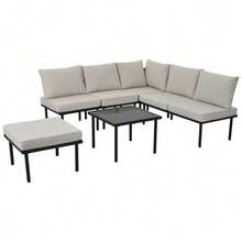 Set Of 6 Garden Lounge Chairs With Galvanized Iron Frame, Beige Braided Rope, Adjustable Feet And Smooth Glass Top. Seat And Back Cushions Included. - Beige - View 10