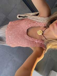 女款法式休閒可愛閃亮半透深圓領無袖螺紋針織毛衣背心吊帶上衣海灘夏季 - 淺粉色 - 查看 7