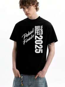 Camiseta de verano con cuello redondo, 100% algodón, moderna y versátil, para hombre, con estampados de letras y patrones en el cuello redondo, mangas cortas, cómoda, unisex, ideal como regalo - Bielefeld Football Kicking Club Arminia Fan Winner Cup - Negro - Ver 1