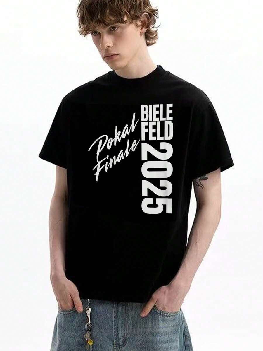 Camiseta de verano con cuello redondo, 100% algodón, moderna y versátil, para hombre, con estampados de letras y patrones en el cuello redondo, mangas cortas, cómoda, unisex, ideal como regalo - Bielefeld Football Kicking Club Arminia Fan Winner Cup - Negro - Ver 1