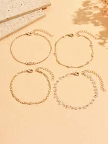 Set Gelang Kaki Rantai Halus Emas Gaya Prancis 4pcs/Set dengan Mutiara Imitasi dan Berlian Imitasi Bentuk Belah Ketupat, Perhiasan Kaki Wanita yang Modis dan Serbaguna, Cocok untuk Pemakaian Sehari-hari, Liburan, Kencan, dan Pesta, Rantai Buatan Tangan Dipotong Sesuai Panjang dengan Jumlah Mata Rantai yang Bervariasi - MultiWarna - View 2