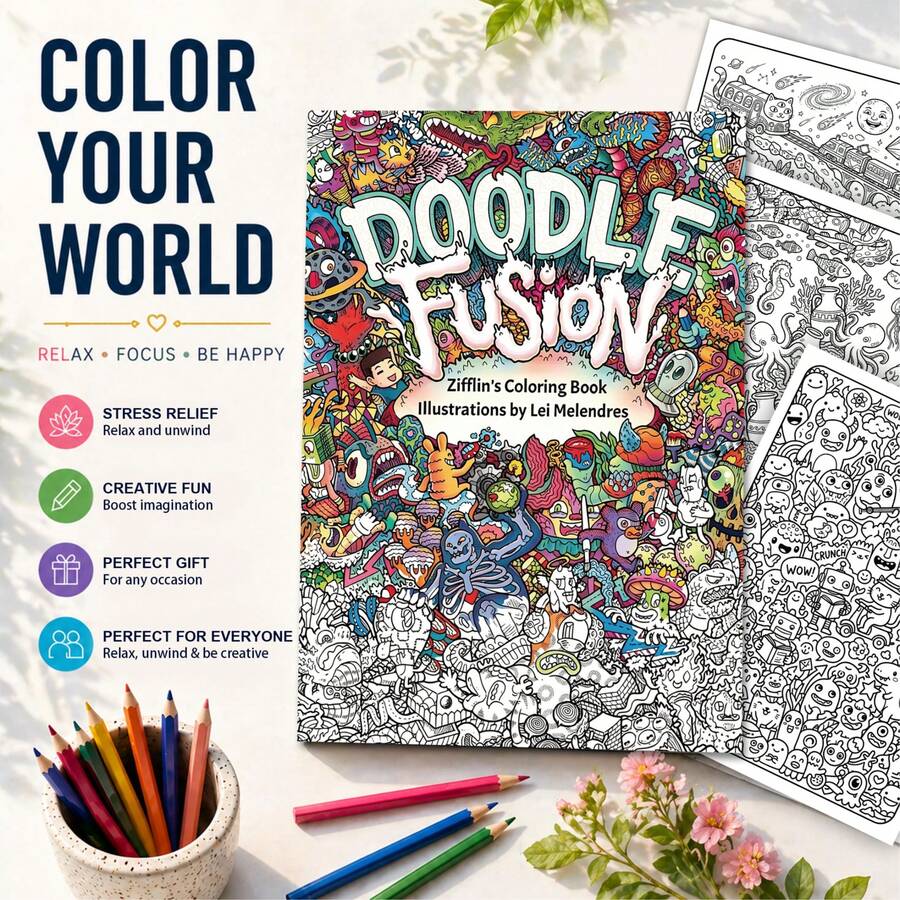 Fusion Doodles: 24 Pages Of Fun Coloring Patterns, Suitable For Adults, 24 Pages, Thick Paper, Coloring Practice, Improve Concentration, Friend Birthday Gift, Back To School Gift, A4, Comes With Random Stickers And One Paper Mat - Single Piece - View 1