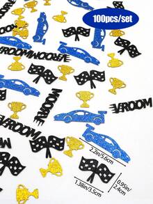 100pcs/Set Blue Racing Theme Glitter Confetti, Vroom Racing Checkered Flag Trophy Table Scatter Confetti, Boys Birthday Party Decoration, Racing Party Supplies - Blue Black - View 3