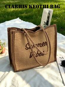 This Women's Khaki Straw Tote Bag Is A Large Capacity Beach Shoulder Bag, Adorned With "Summer Inspiration" Embroidery And Tassel Charms, Perfect For Summer Vacations, Beach Outings And Daily Use. - Khaki - View 1
