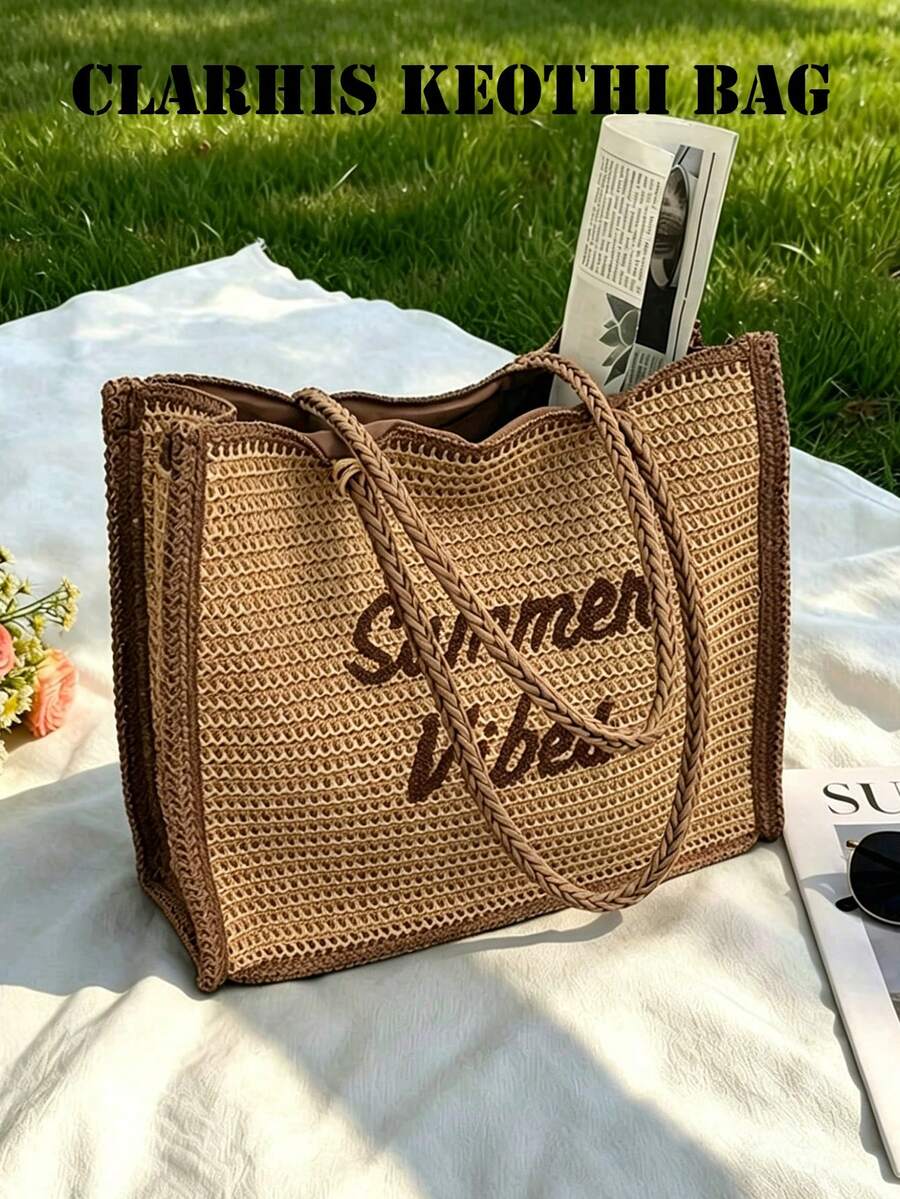 This Women's Khaki Straw Tote Bag Is A Large Capacity Beach Shoulder Bag, Adorned With "Summer Inspiration" Embroidery And Tassel Charms, Perfect For Summer Vacations, Beach Outings And Daily Use. - Khaki - View 1