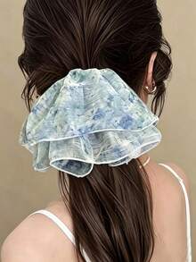 1pc Fairy Style Floral Mesh Scrunchie, Soft Breathable Large Fabric Hair Tie, Ideal Mother's Day Graduation Gift Ponytail Elastics Rubber Bands - Dusty Blue - View 5